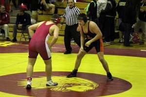 (Photos by Kenn Staub) Zach Sintobin (220lbs.) looking for an opening against his North Hills opponent in their championship bout
