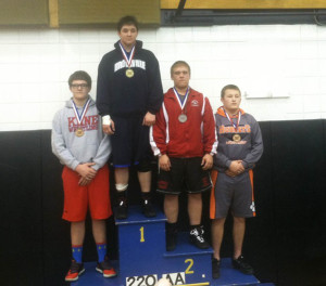 (Photo by Coach Sintobin) 220lb. Medal Podium: Bryce Town, Brookville (Champion); Cal Haines, Redbank Valley (2nd); Keaton Rounsville, Kane (3rd); Zach Sintobin, Clarion (4th)