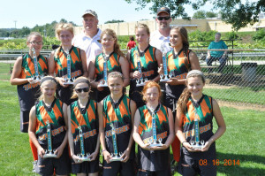 (Photo submitted by Dave and Kim Constantino) Members of the winning Tri-City team pictured are, front row, from left: Lydia Peterson, Kaitlyn Constantino, Taylor Kerr, Kaylyn Fry, and McKenna Houck. Second row: Lindsey Kemp, Gracie Stryffeler, Paige Whitehair, Miranda Beichner, and Amber Brown. Last row: Manager Greg Houck and Coach Dave Stryffeler.