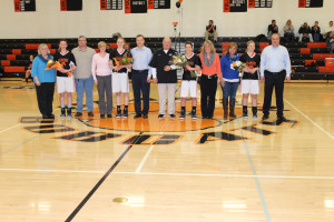 (Photos provided by Jack Kenneson) Lady Cat Seniors and their parents: (L to R) Melissa, Nicki, and Garrett Glenn  -  Janice, Julie, and Jack Kenneson  -  James, Maci, and Bridget Thornton  -  Gina, Lauren, and Mark Wiser