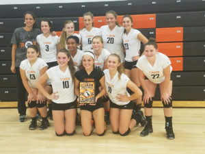 (Photo submitted by Clarion Area Volleyball) Lady Cats proudly display Championship trophy from 2016 Clarion Area JV Volleyball Tournament