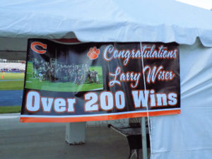 Banner recognizing Coach Wiser's 200 Wins milestone